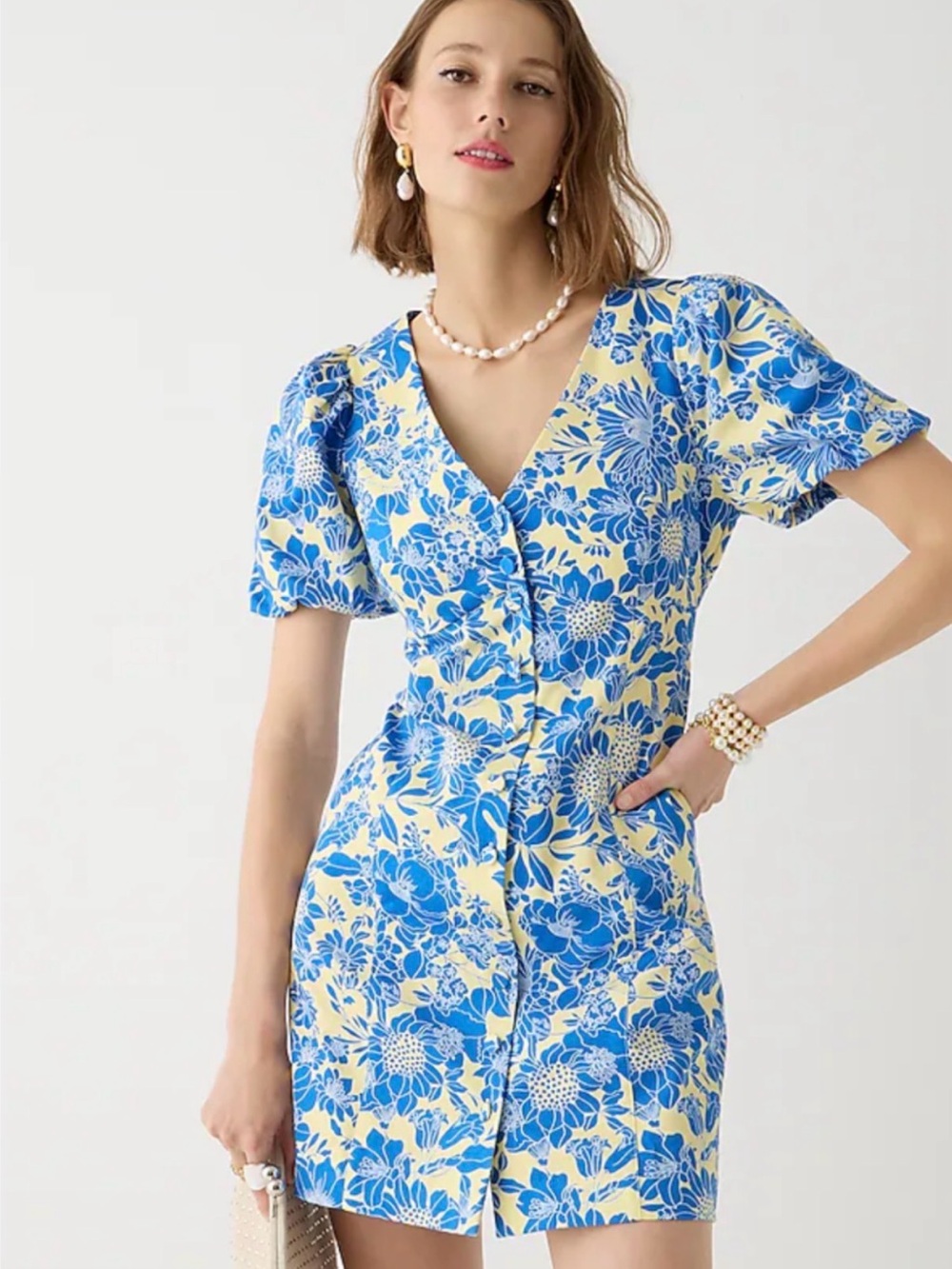J. Crew Yellow and Blue Floral V-Neck Mini Dress